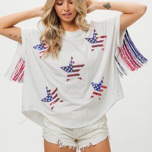 WESTERN FRINGE DETAIL WOMEN 4TH OF JULY SEQUIN STAR TEE SHIRT TOP